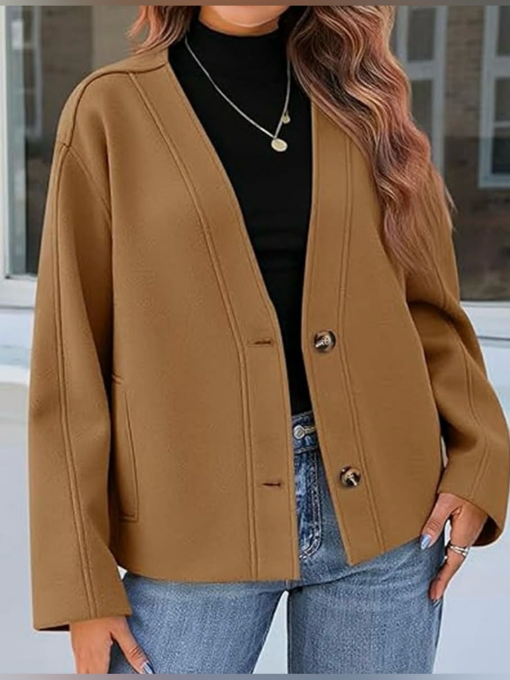 Womens Camel Pea Coat - Stylish Open Front Jacket size XL Wool blend